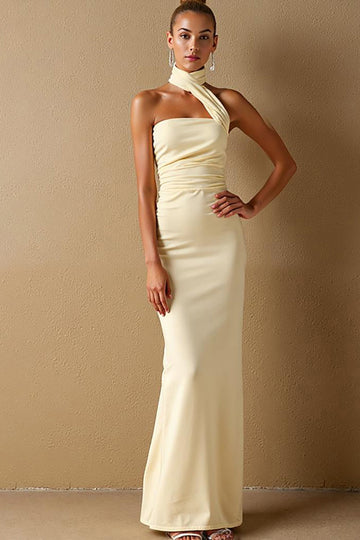 Daffodil Satin Sheath Halter Long Evening Dress